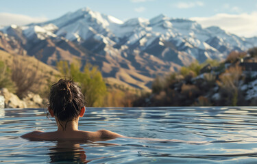 Fototapeta premium Woman swimming in infinity pool with mountain view