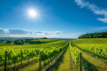 Fototapeta premium Beautiful panoramic view of a sunlit vineyard landscape with lush grapevines. Rows of grapevines. And a sunny blue sky