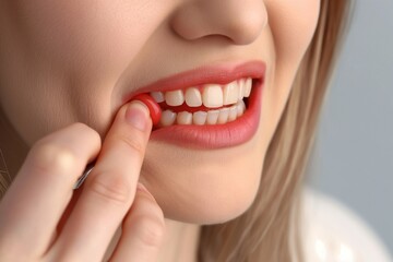 Obraz premium Woman showing inflamed gum on grey background closeup, Closeup of Woman with Inflamed Gum on Grey Background, Signs and Treatment, Understanding Gum Inflammation, Closeup of Woman Showing Symptoms on 