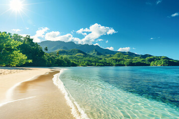 Obraz premium Pristine tropical beach with crystal clear water fringed by lush mountains under a bright sunny sky, inviting a sense of tranquility