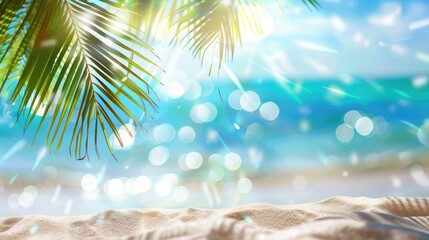 Fototapeta na wymiar Beautiful tropical background with palm leaves and sand, closeup. Summer mock-up for presentation