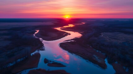 Obraz premium Aerial view of river valley in beautiful sunset light.