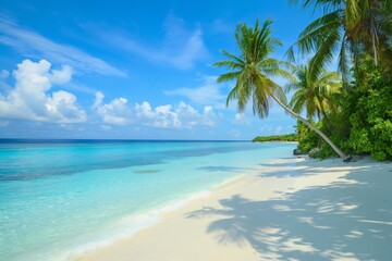 Tranquil tropical island paradise with palm trees, white sand beach, and turquoise water, offering serenity and relaxation. Enjoy the breathtaking ocean view in this serene and untouched paradise