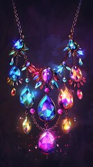 A radiant necklace with multicolored gemstones, glowing against a dark background, perfect for elegant and luxury-themed projects.