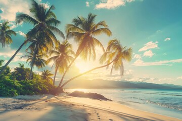 Tranquil and idyllic tropical island sunset with palm trees swaying in the gentle breeze on a serene beach, creating a perfect atmosphere for leisurely vacation and relaxation in an exotic paradise