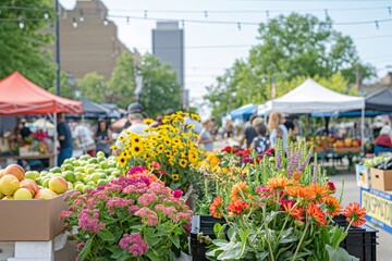 Naklejka premium Colorful outdoor farmers market bustling with shoppers among stalls of fresh fruits, vibrant flowers, and homemade goods on a sunny day
