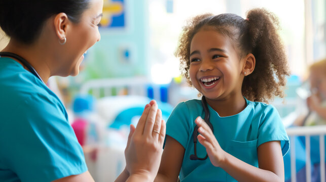A pediatric nurse playing a hand-clapping game with a smiling child in a hospital ward, creating a joyful atmosphere.