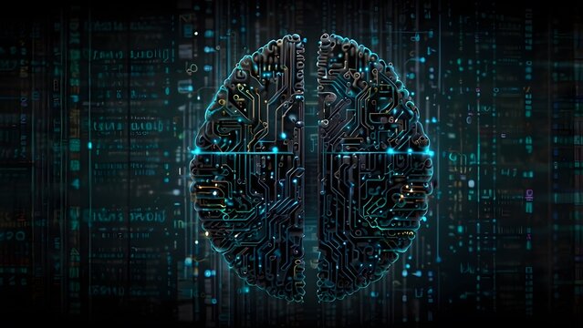 A digital brain made of binary code and circuit patterns, symbolizing the intelligence and processing power of AI