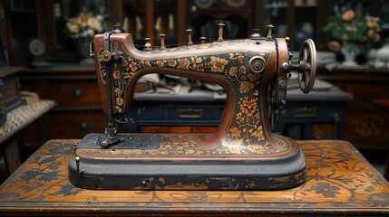Old Sewing Machine: Illustrate a classic sewing machine with ornate metalwork and wooden base, capturing the artistry and functionality of vintage sewing tools.