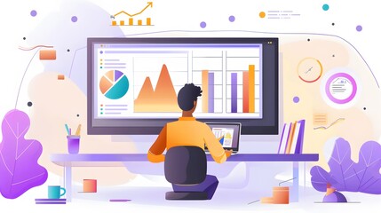 Business professional analyzing data on large screen with charts and graphs. Modern office workspace with colorful elements.