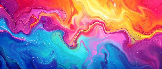 Fototapeta premium Vibrant abstract fluid art with colorful waves blending blues, pinks, purples, and yellows, creating a dynamic visual experience.