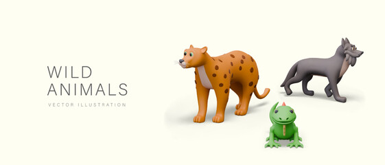 Obraz premium Creative template with wild animals. Jaguar, wolf, iguana in cartoon style