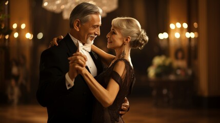 Senior couple gracefully embracing in vintage ballroom dance class, learning traditional steps
