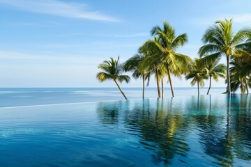 Tranquil infinity pool blends with the calm sea horizon, flanked by swaying palm trees under a clear blue sky