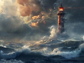 Dramatic lighthouse stands resilient amidst stormy seas, with turbulent waves crashing and swirling clouds creating a compelling atmosphere.