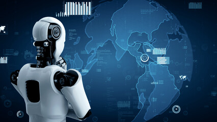 MLP 3d illustration Future financial technology controll by AI robot huminoid uses machine learning and artificial intelligence to analyze business data and give advice on investment and trading