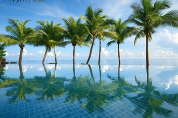 Idyllic view of palm trees reflected in the clear waters of a tranquil infinity pool overlooking a peaceful ocean horizon
