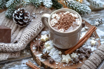 Cozy winter setting with a cup of hot chocolate, cinnamon sticks, and star anise on a wooden table with pine cones and knitted fabric.