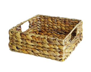 Empty wicker basket isolated on transparent background. Square wooden basket with handles for fruit or bread. Bamboo  basket 