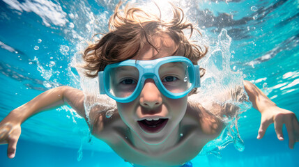 Fototapeta premium Little boy in a swimsuit swims underwater in the pool. Summer concept