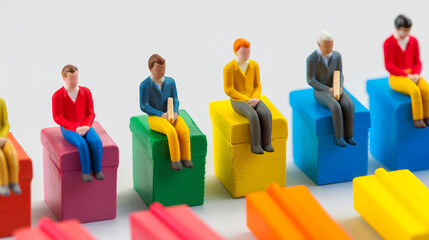 Miniature students sitting on colorful erasers lined up like school benches learning from a matchstick teacher.
