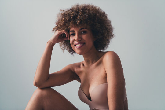 Unretouched photo of pretty joyful girl smiling feel self acceptance natural body isolated grey color background