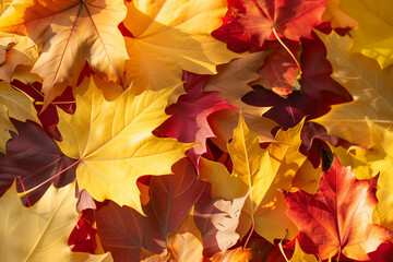 Colorful fall texture of autumn fallen tree leaves close up detail background on ground, sunshine shadows.