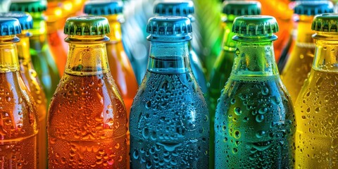 Closeup of Colorful Glass Bottles with Water Droplets