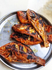 cooking grilled fish on a fire made of wood charcoal