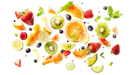 Food concept, fresh cut mixed fruits floating on white background.