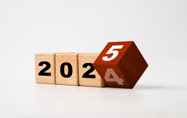 Flipping of 2024 to 2025 on red wooden block cube for preparation new year change and start change...