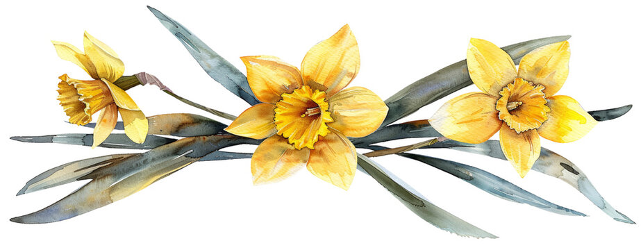 Watercolor illustration of three yellow daffodil flowers with green leaves, cut out. PNG. transparent background.