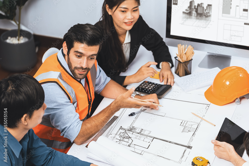 Poster diverse group of civil engineer and client working together on architectural project, reviewing cons