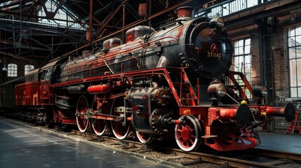 Naklejka premium Steam locomotive, renovated, looks like a model but is real. Generative AI