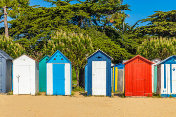 Naklejka premium Front view of beach huts of La Boirie beach in Saint-Denis-d'Oleron, France
