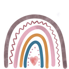 Watercolor illustration of a boho rainbow in pastel tones.
