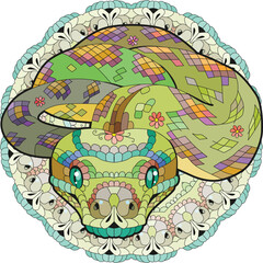 Zentangle snake with mandala. Hand drawn decorative vector illustration