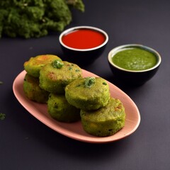 Indian vegetarian snack dish hara bhara kabab or kebab served chutney
