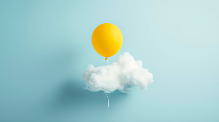 Yellow balloon tied to a white cloud against a light blue background, minimalistic and whimsical concept