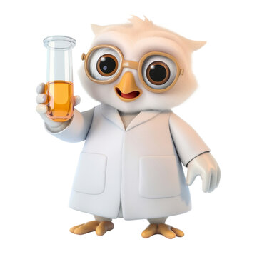 recommend clip art: Cartoon owl scientist in white lab coat holding orange test tube on transparent background clipart
