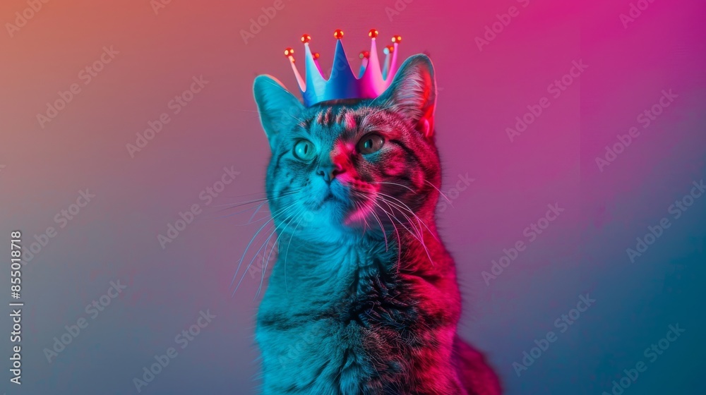 Wall mural Cat wearing a crown, colorful neon lighting, studio shot. Regal pet and modern art concept