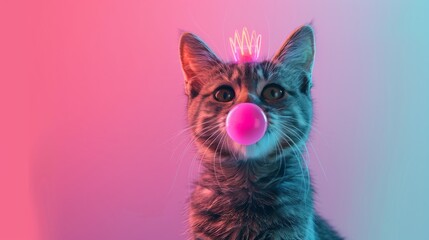 Cat wearing a crown blowing a bubble gum against colorful background, playful pet concept