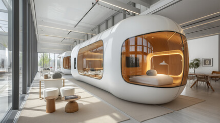 A futuristic tech company office features interactive digital walls and modular workstations, with virtual reality pods and soundproof pods for brainstorming sessions