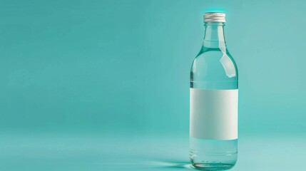 Clear glass bottle with blank label on blue background, minimalistic design. Refreshing beverage concept