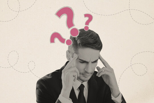 Sketch image trend artwork composite collage of young man hold fingers hand on temples think solve puzzle ask question find answer