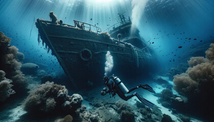 Scuba diver exploring sunken shipwreck underwater with marine life