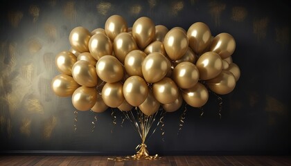 Naklejka premium Gold balloons bunch on a black wall background. Horizontal banner.