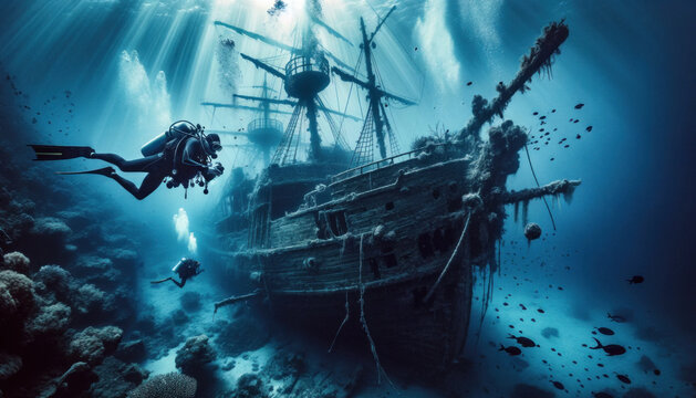 Scuba diver exploring sunken pirate shipwreck underwater