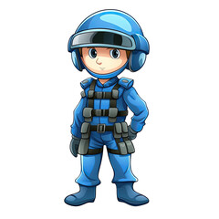 An illustration of a soldier in a blue uniform and blue helmet looking at the camera