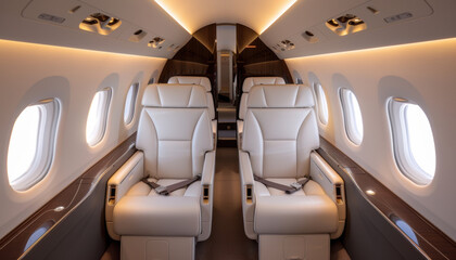 The interior of a plane is filled with white seats and a wooden paneling